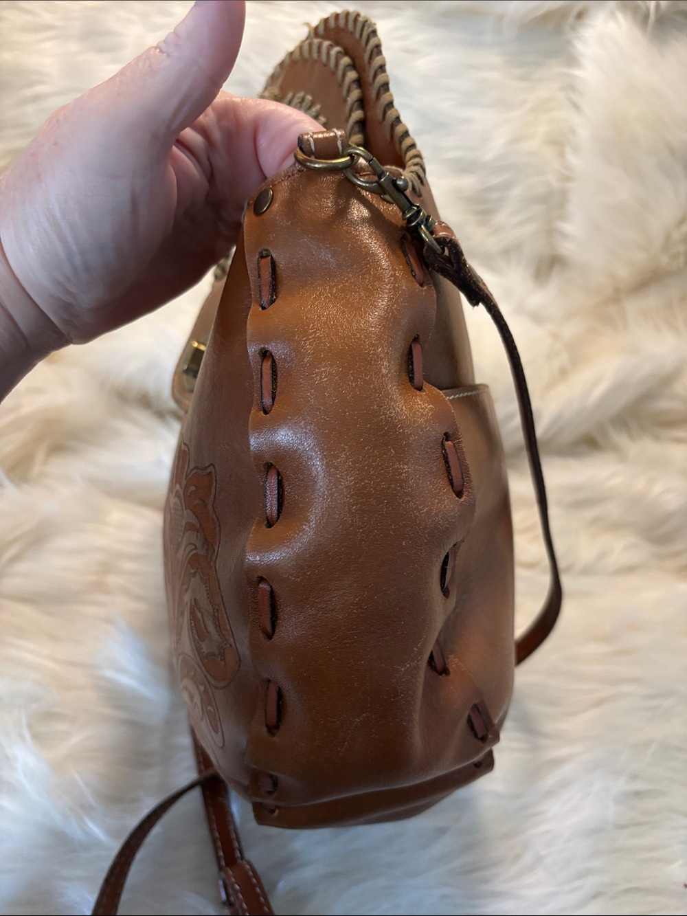 Patricia Nash Cognac Floral-Embossed Sadle Shaped Crossbody Bag - Picture 9 of 10